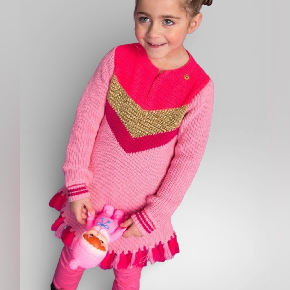 Mim-Pi Sweater Dress Chevron Stripe & Fringe Hem Bright Pink Gold Knit Girls 5